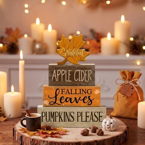 Moucuny 4 Pcs Fall Wooden Block Signs Tiered Tray Decor, Grateful