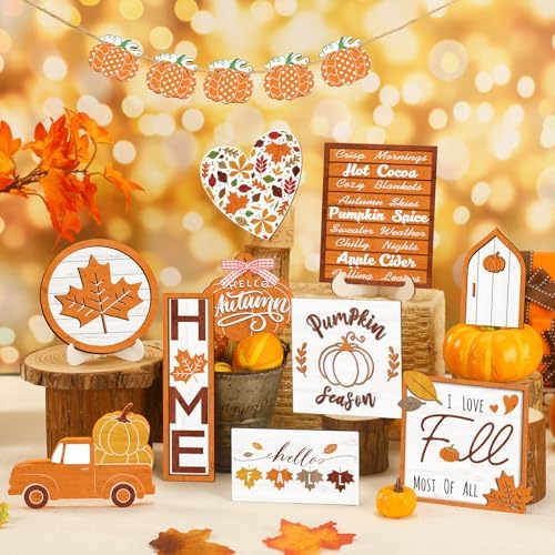 Amyhill 15 Pcs Fall Tiered Tray Decor Set Rustic Autumn Wooden Table Signs