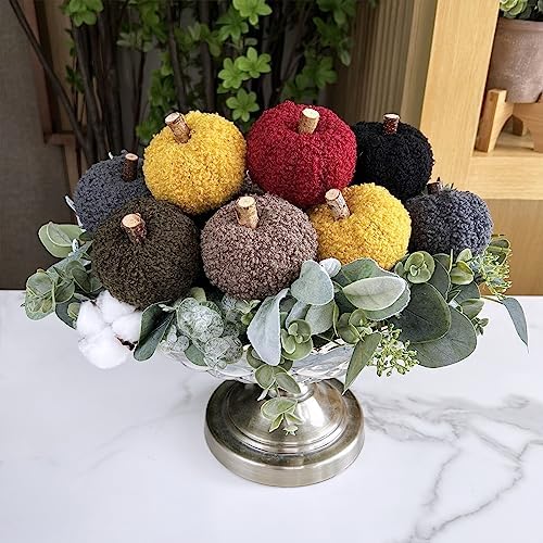Winlyn 12 Pcs Assorted Small Faux Sherpa Pumpkins Decorative Burgundy Yellow Olive Gray Taupe Black Fabric Foam Pumpkins for Farmhouse Fall Thanksgiving Halloween Table Centerpiece Decor
