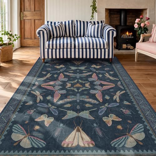 Blue 5x8 Washable Living Room Rugs - Stain Resistant Non Slip Insect Rug for Dining Room, Low Pile & Soft Carpet for