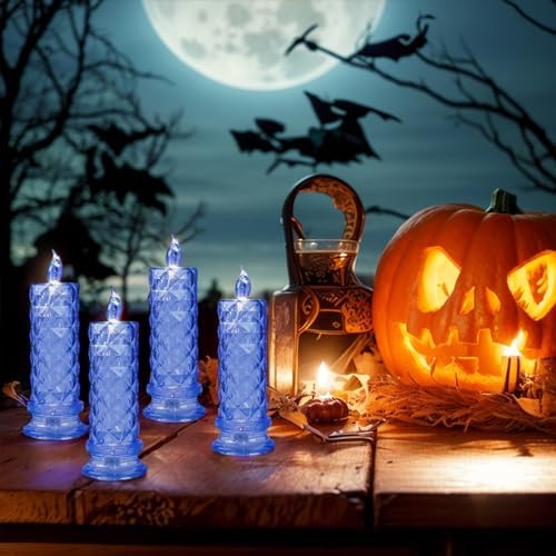 SupBri 4PCS Rose Halo LED Flameless Candles, Blue Crystal-Like Shell