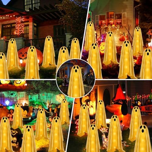 6PACKS Halloween Decorations Outdoor Solar Ghost Lights,Scary Ghost Decor with Spooky Party Gifts,Solar Halloween Path Lights for Front Porch/Yard/Garden/Home/Ghost Party Decor Warm White