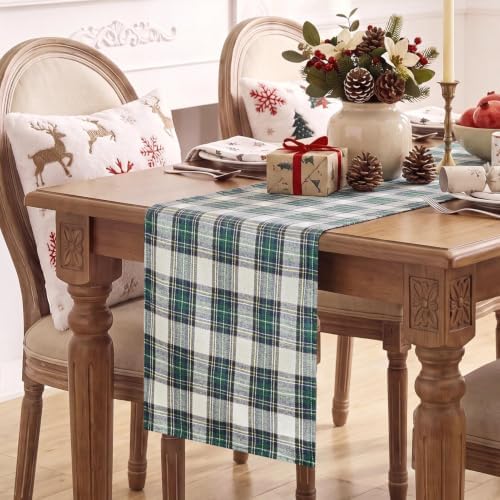Softalker Christmas Checkered Table Runner, Green and White, 13 x 48 Inch