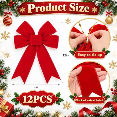 12 Pcs Golden Edged Red Velvet Tree Topper Bows, Large Christmas Wreath Bow
