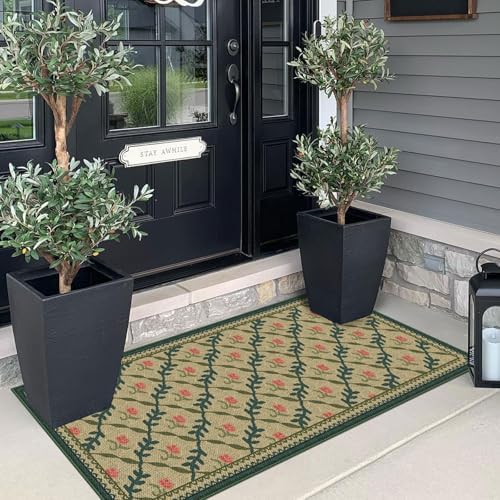 Front Door Mat Indoor Entrance - 2x4.3 Khaki Floral Trellis Rug
