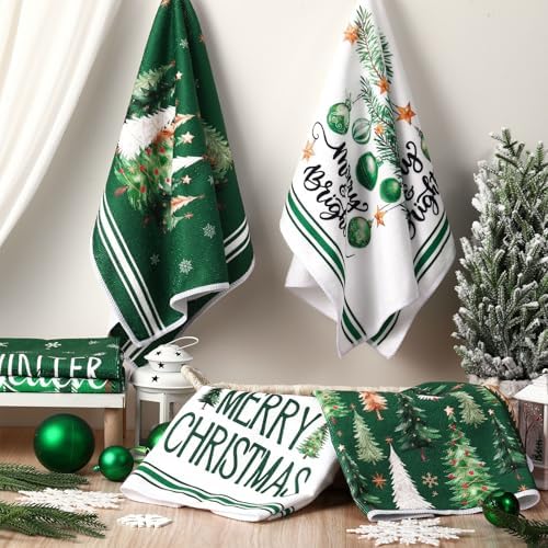 Oudain 6 Pcs Christmas Kitchen Towels Green Plaid Xmas Tree Tea Dishtowels Decorative Winter Bathroom Hand Towels Farmhouse Green Christmas Decorations for Kitchen Bath Home Housewarming Gifts