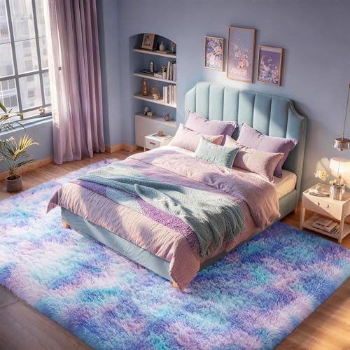 Ophanie Rainbow Purple Mermaid Rugs for Living Room 6x9,Kids Fluffy Shag Fuzzy Plush Soft Carpets,Floor Shaggy Area