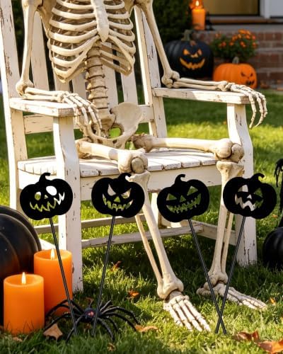 Halloween Decorative Garden Stakes, 4 Pcs Metal Ghost Silhouette Yard Signs for Flower Pot Planter, Outdoor Halloween Patio Lawn Decor