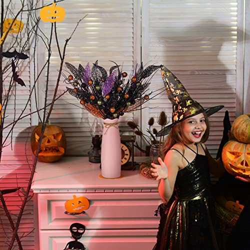 Geosar 8 Pcs Halloween Floral Picks Glitter Branches, Berries