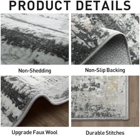 10x14 Area Rugs for Living Room: Washable Abstract Black Grey Gold Carpet
