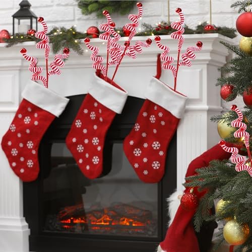 Sggvecsy 6 Pcs Christmas Tree Decoration Candy Cane Woolen Bells Candy Shape Christmas Tree Picks Christmas Bell Curly Picks Ornaments Xmas Tree Topper for Vase Filler Office Home Decor (Red)