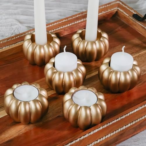 Kate Aspen 2-in-1 Gold Pumpkin Candle Holder Set – Fall Taper, Tealight & Votive Candle Holders – Thanksgiving Table Decor, Pumpkin Centerpieces, Halloween Candlestick Holder (Set of 6)