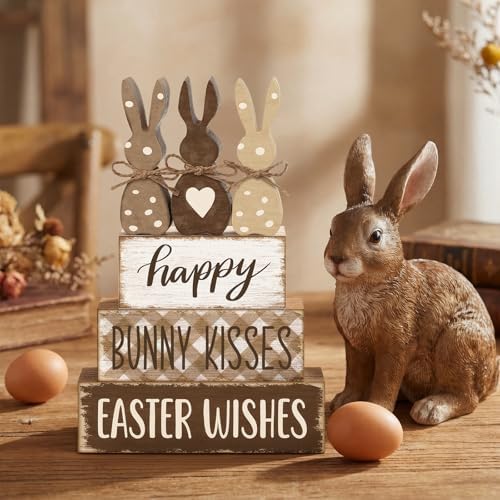 Yousoontic 4 Pcs Rustic Easter Bunny Wooden Table Decorations, Spring Farmhouse Rabbit Tiered Tray Sign Country Table Top Centerpiece Decorative for Home Entryway Office Desk Mantel Room Decor, Gift