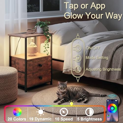 LOAKEKEL Nightstands Set of 2, LED Night Stand with Charging Station