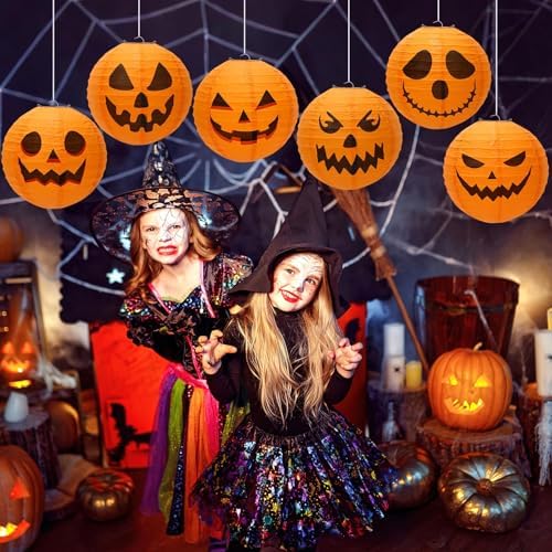DECYOOL 12PCS Halloween Pumpkin Paper Lanterns, Hanging Jack O Lantern Set