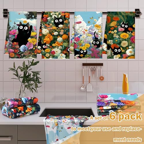 Redbaker 6 Pcs Black Cat Kitchen Towels Retro Wildflower Floral Dishcloth
