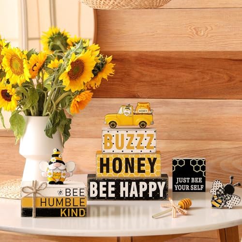 11 Pcs Bee Table Decorations Bee Tiered Tray Decorations Set Gnome Stack Signs Honey Farmhouse Rustic Wooden Table Centerpieces for Home Party