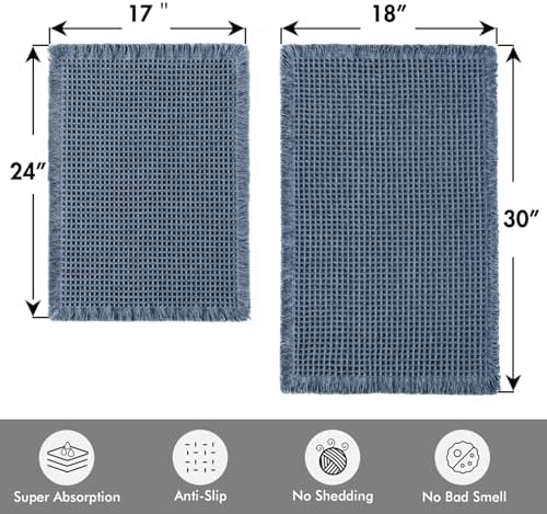 MIULEE Set of 2 Waffle Bathroom Rugs Boho Bath Mat Blue 17"x24"+18"x30"