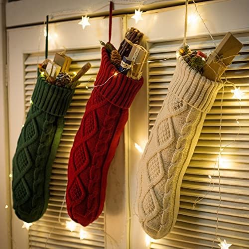 Nanou 18” Knitted Christmas Stockings, 1 Pack, Green Body & Ivory Cuff