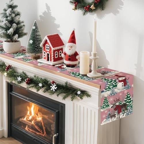 Artscope Reindeer Snowman Christmas Tree Table Runner, Xmas Winter Snowflakes Holiday Kitchen Dining Table Decoration for Christmas Home Party Decor 13x60 Inch-Pink