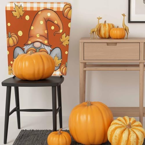 Fall Chair Covers Set of 6 Pumpkin Gnome Chair Slipcover Protector Removable Stretch Chair Covers Maple Leaf Orange Buffalo Plaid Thanksgiving Chair Back Covers for Dining Chairs Kitchen Holiday Party