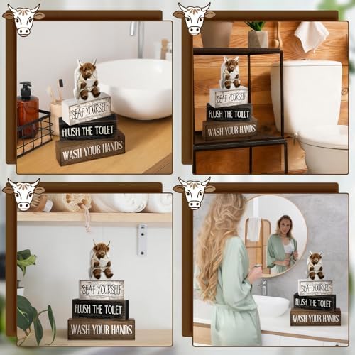 Moucuny 4 Pcs Highland Cow Bathroom Decor Funny Wooden Signs Farmhouse