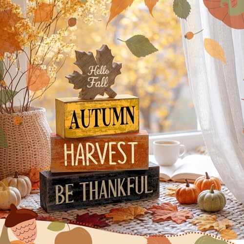 Moucuny 4 Pcs Fall Decor Wooden Maple Leaf Thanksgiving Tiered Tray Decor