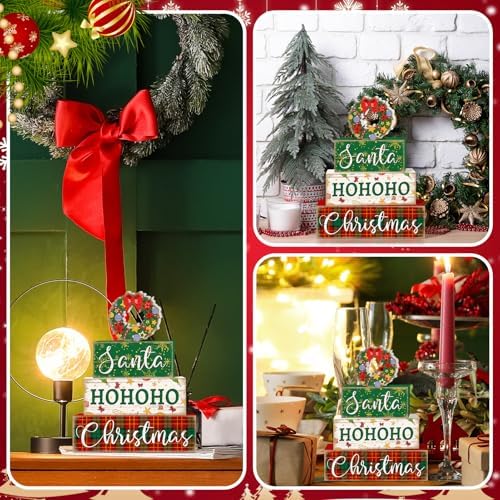 Britimes Christmas Santa Tiered Tray Decor Set, 4 Pack, Wooden Table Sign