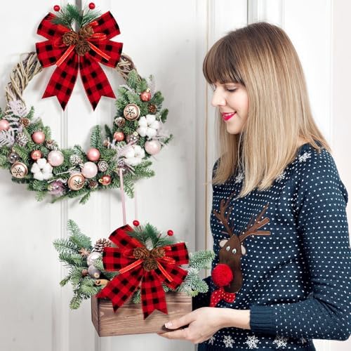 Syhood 6 Pcs Christmas Bows Xmas Velvet Bows Tree Decor, Buffalo Plaid