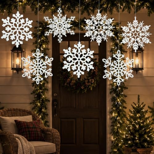 12pcs Large Christmas Snowflakes Decorations, 12" Big Plastic Glitter White Snowflake Ornaments for Winter Indoor Outdoor Christmas Tree Holiday Window Room Decor Craft Snowflakes