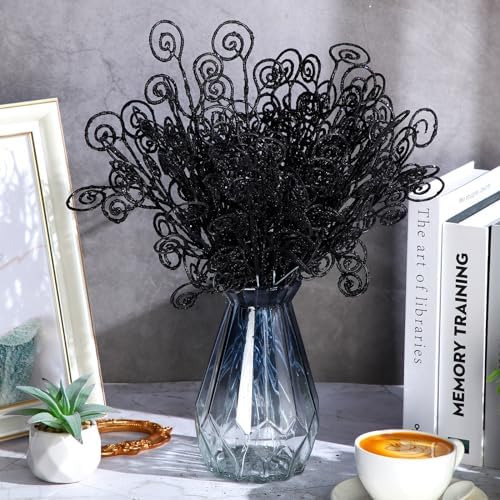 Ysleen 50 Pcs Glitter Tree Picks and Sprays Twigs Branches, Black