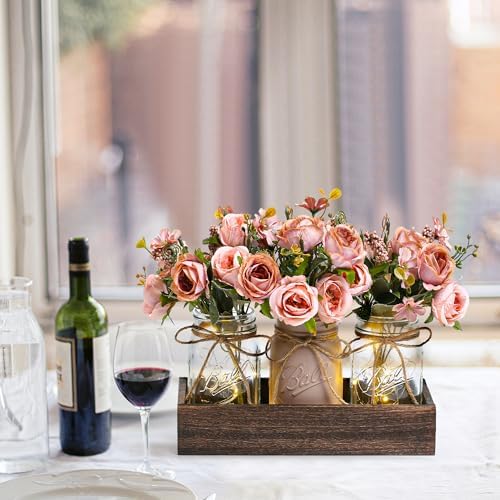 3 Pcs Mason Jar Centerpiece Table Decorations for Dining Table Decor Farmhouse Coffee Table Decor with Wood Tray and