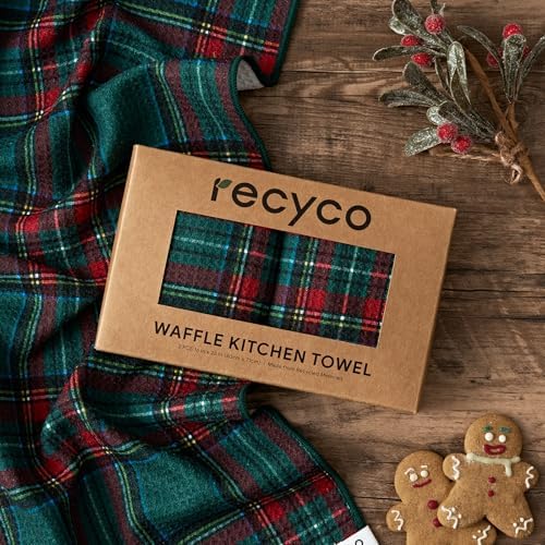 RECYCO Christmas Waffle Kitchen Towel Set of 2 - Quick Dry Microfiber Sustainable Dish Towels - Ultra Absorbent Reusable Cleaning Tea Towels - Lightweight Hand Towels,16”x 28”, Stewart Plaid Green