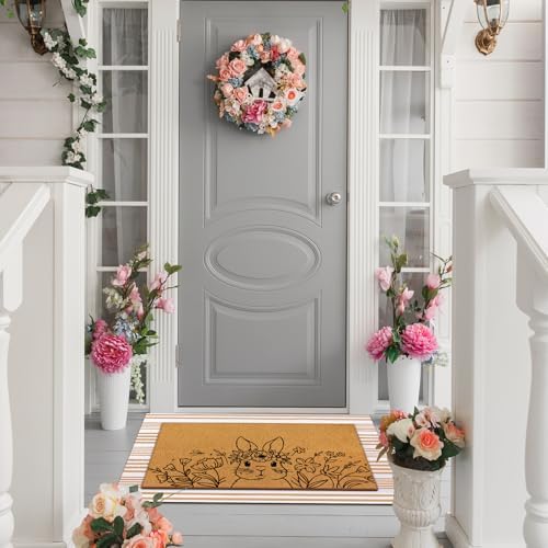 Tinideya 2 Pcs Easter Floral Bunny Layered Door Mat Set