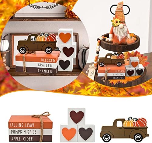Thanksgiving Tiered Tray Decor - Fall Decorations for Home - 3 Double Sided Faux Book Stack 3 Love Wood Block 1 Pumpkin Truck - Farmhouse Rustic Wooden Table Sign for Autumn Thanksgiving Harvest