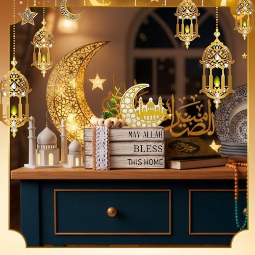 Eid Mubarak Decorations for Home Ramadan Decorations Wood Ramadan Mubarak Table Sign Golden Moon Eid Tiered Tray Sign for Islamic Muslim Table Indoor Shelf Office Gifts