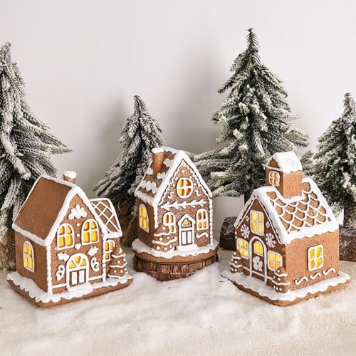 Resin Christmas Decorations: 3Pcs Light-Up Gingerbread House Christmas Village Collectible Figurines, Battery Powered LED Lights, Classic Gifts Swedish Xmas Decorations for Home Table Décor