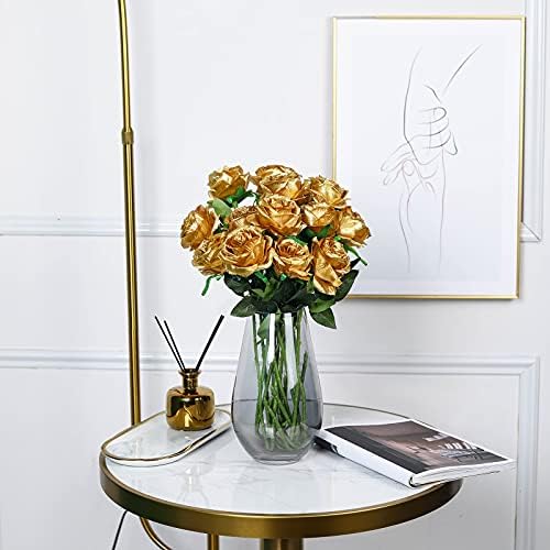 10pcs Gold Roses Artificial Flowers, Realistic Faux Rose with Long Stem