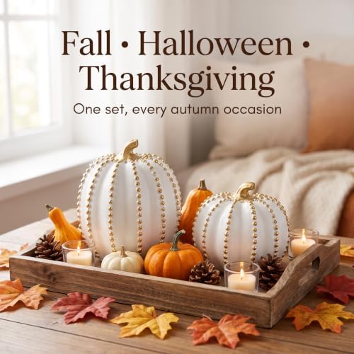 Fall Decorations for Home Set of 2 White & Gold Resin Pumpkin Table Decor