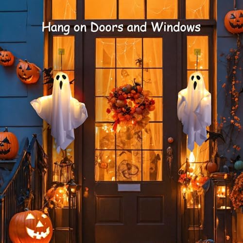 Lifnatty Halloween Hanging Ghost Lights with Remote Control – Floating Ghost Decorations with Timer, 8 Lighting Modes, Battery Operated for Scary Halloween Decor Indoor Outdoor (2-Pack)