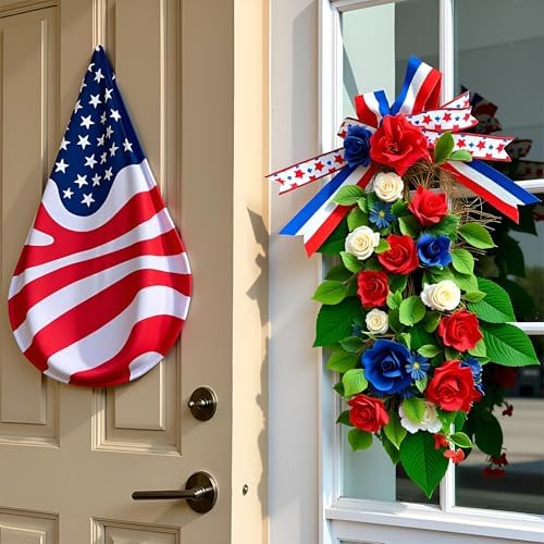 Pre-Lit Patriotic Themed Teardrop Swag, Red White Blue Solar Powered Lights