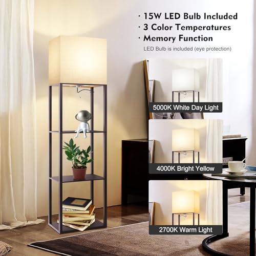 RUNTOP Plus - Floor Lamp with Shelves, Wide Shelf Lamp, Shelf Floor Lamp with 15W LED Bulb, 3 Colors Temperature