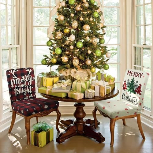Christmas Chair Covers Set of 6 Xmas Tree Snowflakes Buffalo Plaid Stretch Parsons Chair Slipcovers for Winter Christmas Dining Room Decor Chair Seat Protectors(Christmas Red,6PCS)