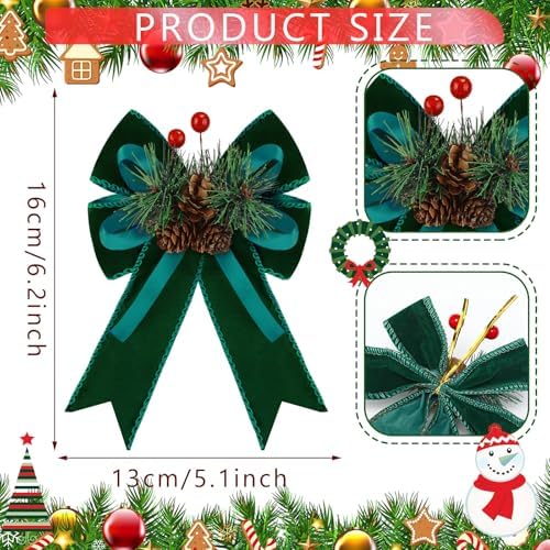 Syhood 6 Pcs Christmas Bows Xmas Velvet Bows Tree Decor, Dark Green