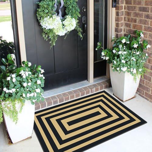 Front Door Mat Indoor Outside Entrance, 2x3 Black Tan Striped Rug