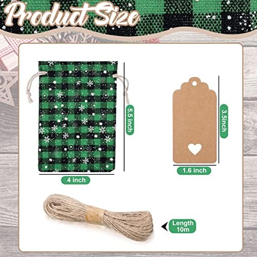 Shappy 24 Pcs Christmas Drawstring Gift Bags Xmas Buffalo Plaid Burlap Advent Bags 5.5 x 4 Inches Linen Treat Candy Bag with 32.8 ft Rope 24 Card(Black Green)