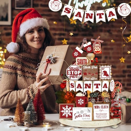 Funnymoom 17 Pcs Christmas Tiered Tray Decor Set Rustic Santa Tray Decor