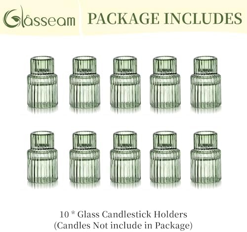 Glasseam Glass Candlestick Holders Bulk: 10 Pcs Vintage Green for Christmas