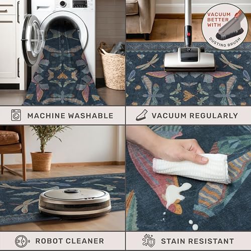 2'6"x10' Dark Blue Kitchen Runner Rug, Washable Non Slip Hallway Rug for Entryway, Vintage Insect Moth Indoor Carpet