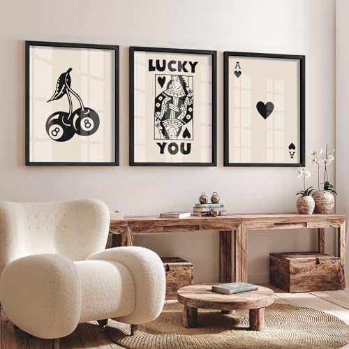 Heiple Framed Set of 3 Poker Wall Art Lucky You Poster, Trendy Retro Print Wall Decor for Queen of Hearts Wall Art